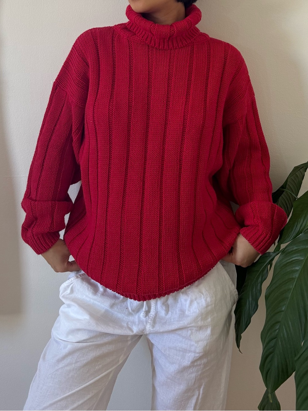 Vintage Capezio Ramie Cotton Oversized Turtleneck Ribbed Red Sweater Size Small